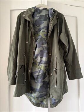 Time and Tru Olive Green Hooded Utility Jacket with Camo Lining